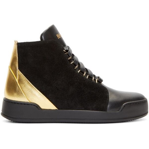 Balmain Black & Gold Lace Up High Top Sneakers 37 W 35 M Suede & Leather… - Picture 3 of 14
